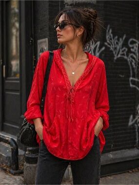 Johnny Was Red V-Neck Peasant Tunic Hoodie with Tie Front RARE